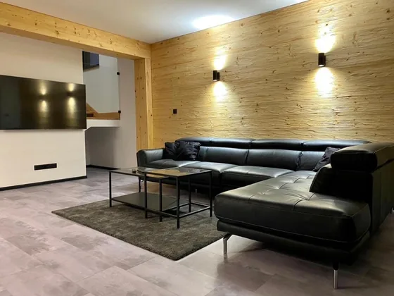 Deluxe & Wellness: kožená sedačka pri drevenej stene